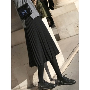 Knitted skirt women's autumn and winter 2023 new casual pleated skirt mid-length high waist wool A- line thickened winter skirt