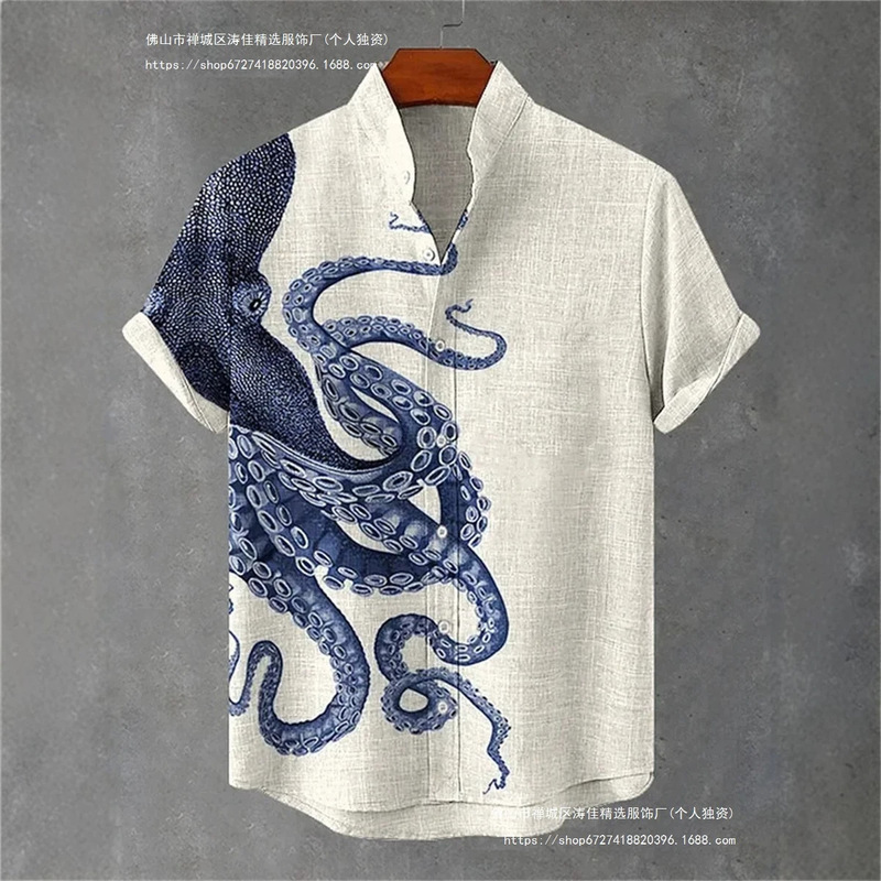 Temu Men's Short-Sleeved Shirt with Fun Octopus Print, Loose and Breathable Linen Casual Top, Hawaii Y2 Temu Men's Short-Sleeved Shirt with Fun Octopus Print, Loose and Breathable Linen Casual Top, Hawaii Y2