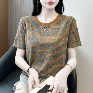 Round Neck Striped Short-Sleeve T-Shirt for Women, New Summer Fashion, Color-Blocking, Slimming, Plus Size, Regular Shoulder Top, Trendy