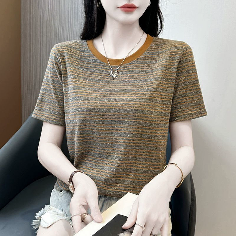 Женская полосатая футболка с короткими рукавами и круглым вырезом, новая летняя мода, цветовые блоки, для похудения, больших размеров, обычный топ с плечами, модный.