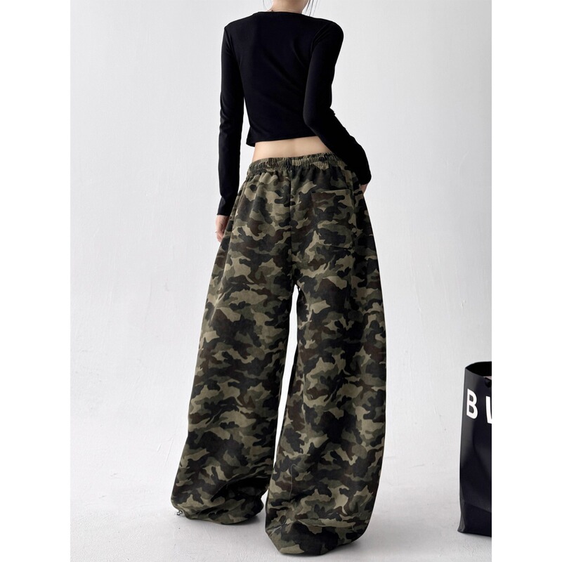 Letter Rhinestone Sweet Cool Camouflage Sports Pants for Men and Women, New Autumn and Winter Style, Loose Fit, Slimming, Versatile Jazz Dance Wide-Leg Pants, Trendy