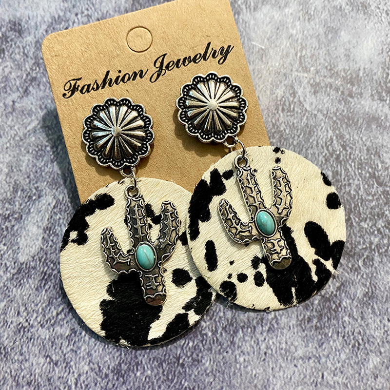 December Birthstone Turquoise Inlay Material 1 Pair Bohemian Cactus Alloy Leather Inlay Turquoise Women's Drop Earrings