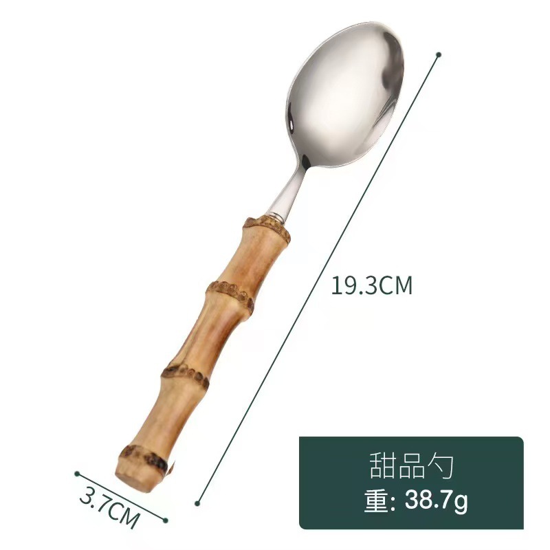 Cuchillo de bambú transfronterizo 304 Cuchillo, tenedor, mango de bambú natural, cuchara, tenedor, bistec, juego de tenedor, vajilla de acero inoxidable