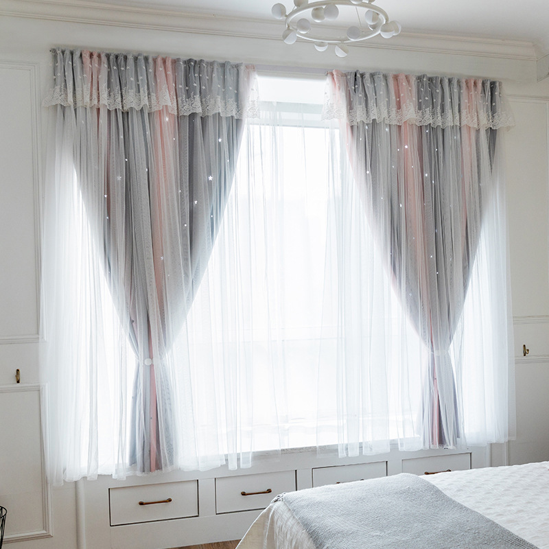 Red de hilo de tela de color rojo integrado gradiente hueco estrella de alta sombreado cortina de Velcro terminado dormitorio ventana de la Bahía sin perforar