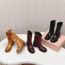 对版2025秋冬新款复古做旧擦色粗跟中筒靴谬家走秀款套筒堆堆靴女