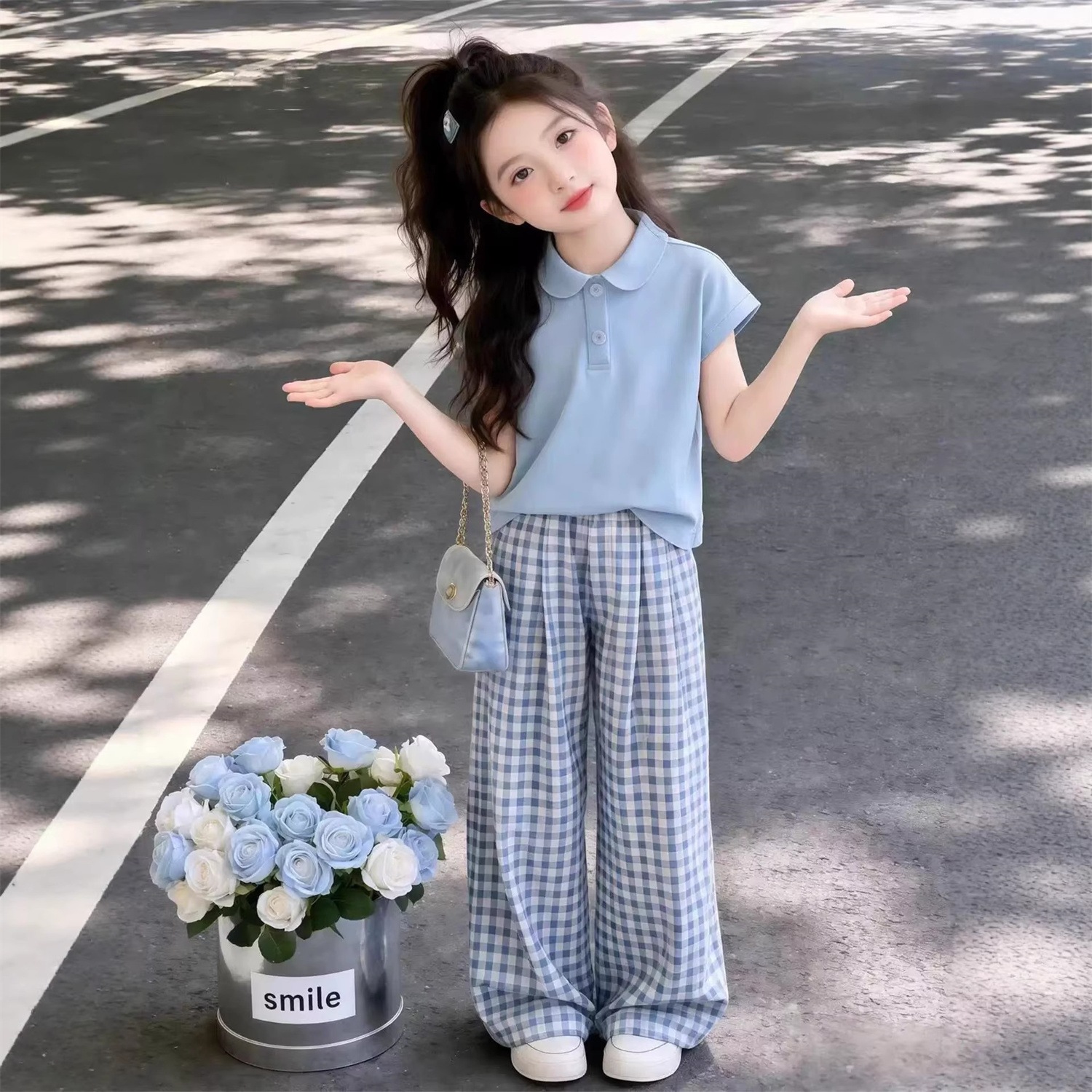Girls' Fresh and Stylish Summer Set: Polo Collar Short-Sleeve T-Shirt, Fashionable Korean Style Two-Piece Set for Medium and Large Children
