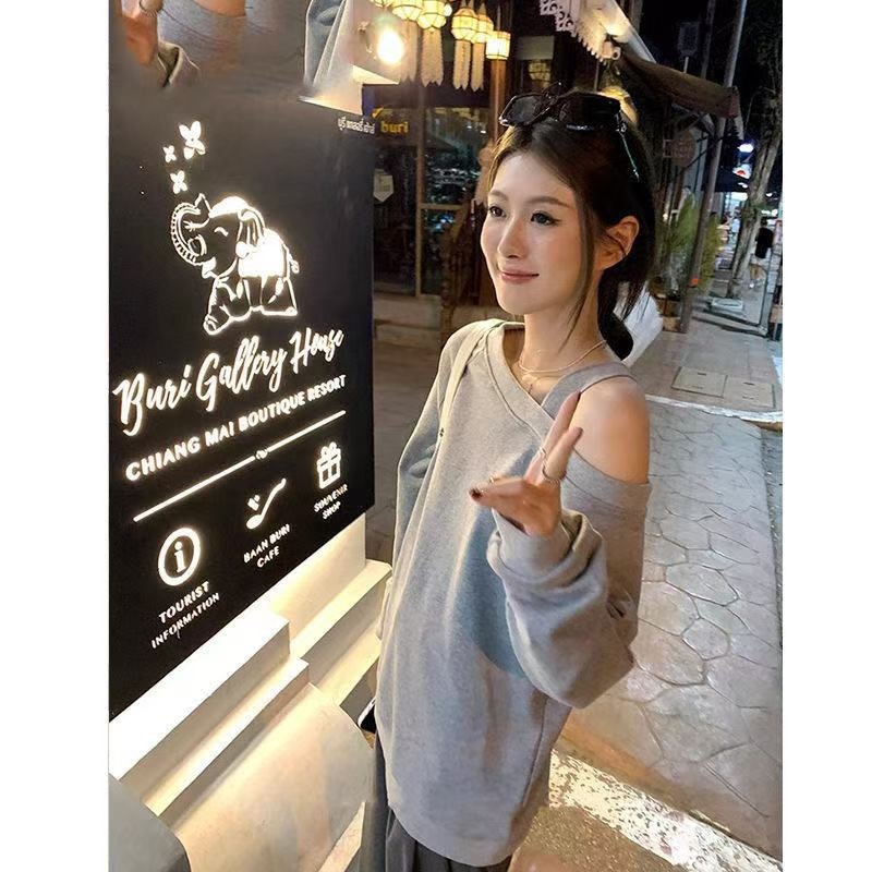 【华棉复合牛奶丝+银狐绒】慵懒风灰色斜领露肩休闲卫衣有吊牌
