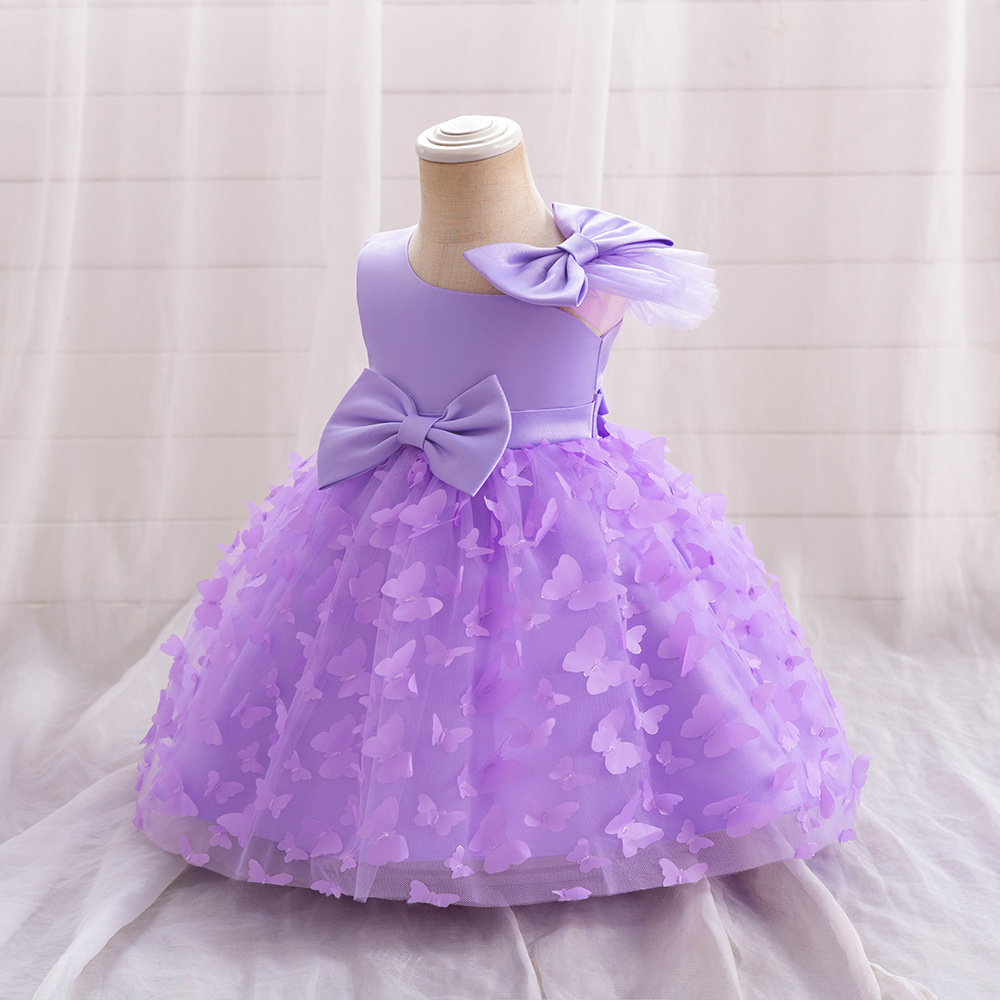 El nuevo vestido de novia de niña de las flores de Amazon, vestido con lazo, vestido de princesa de malla esponjosa, vestido de bautizo de un año para niña