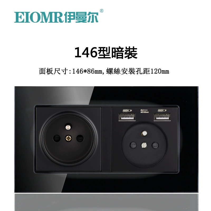 Dual European socket panel 16A, dual USB charging, multiple finishes (German/French, glass/metal)