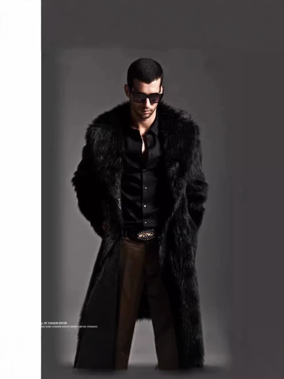 Abrigo largo de piel sintética para hombre, estilo trench coat de pelo largo, con cuello de piel sintética de zorro, venta al por mayor transfronteriza.