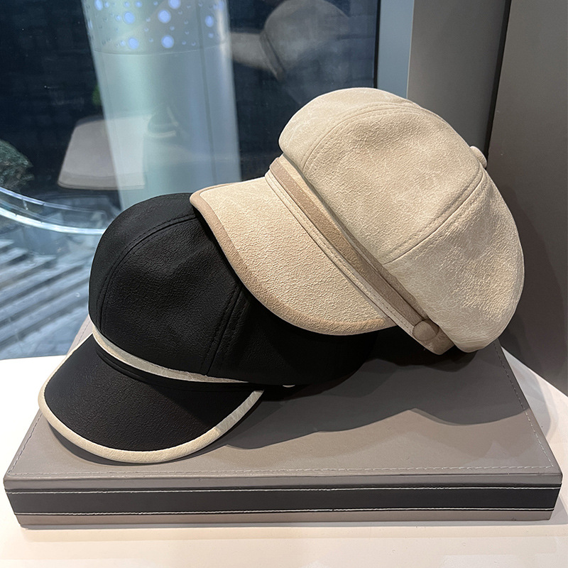 2024 nuevo sombrero octogonal de cuero PU mujeres otoño invierno color coincidente sombrero de lengua de pato hombre calle casual cara gorra de periódico pequeño