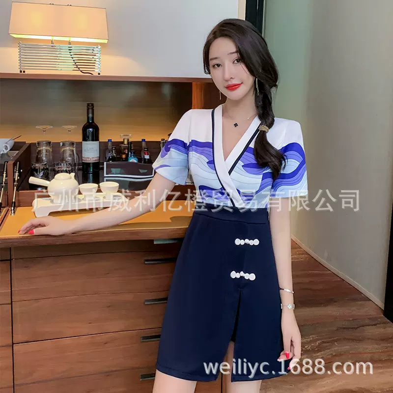 2024春夏季新款短袖连衣裙女两件美容院酒店足浴技师职业套装商务