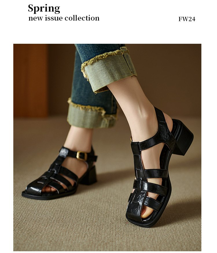 Sandal bít mũi nữ da thật kiểu Pháp cổ điển, gót trung dệt rỗng — Màu nâu, Màu đen, Màu trắng be chi tiết 19
