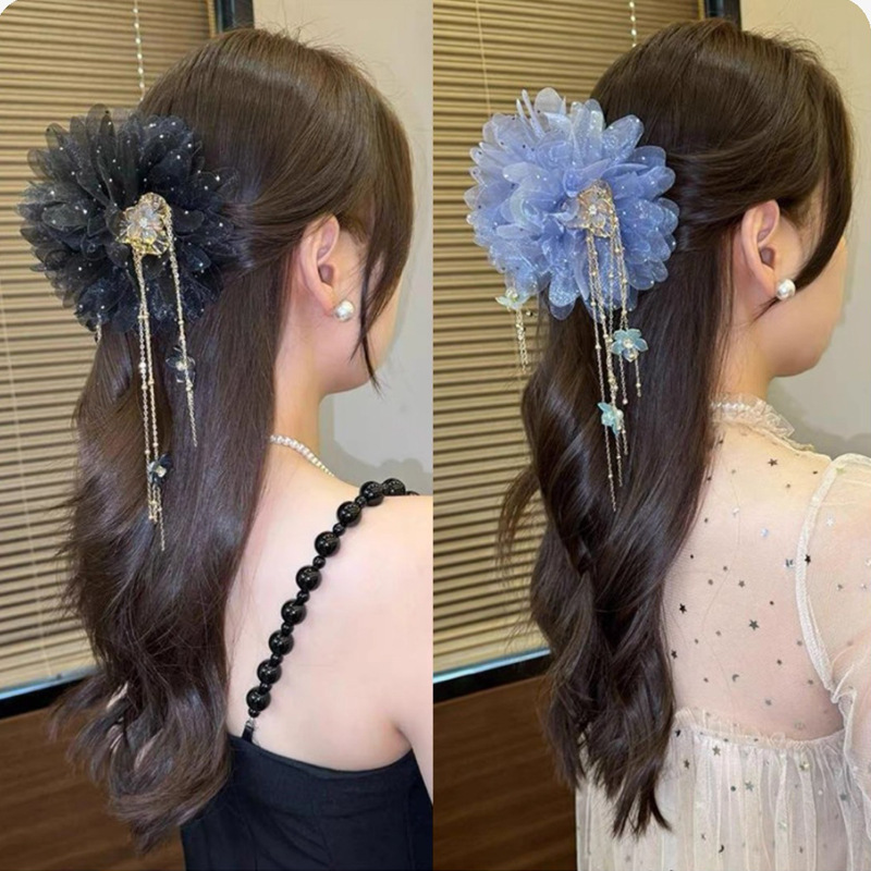 Черная синяя заколка-крабик с кисточками, 13см