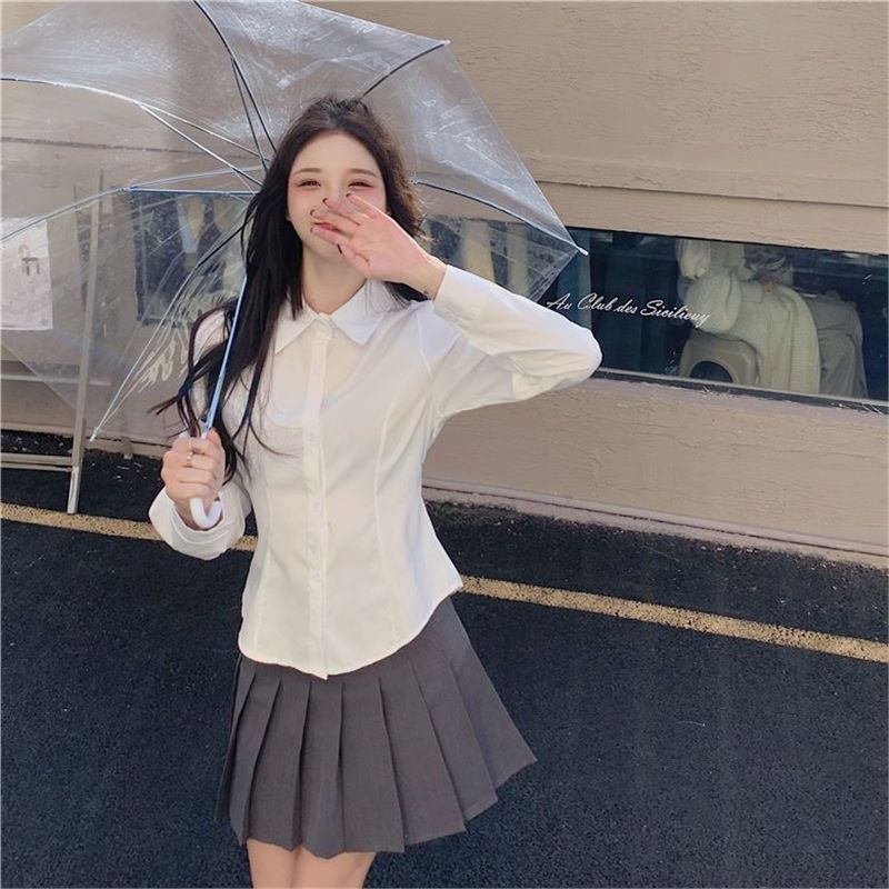 Sweet and Spicy College-style Long-sleeved White Shirt Women's Autumn Design Tight Waist Slimming Lace-up Stylist Puff Sleeve Top