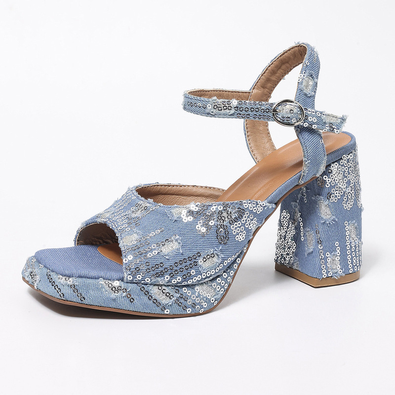 European and American Style Denim Peep-Toe Sandals for Women, One-Strap Buckle, Chunky Heel, Platform High Heels, Cross-Border Large Size Adult Women's Shoes