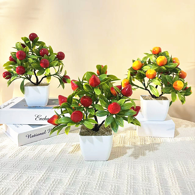 跨境现货14个大水果仿真盆景新年春节塑料红果盆栽桌面假果树摆件