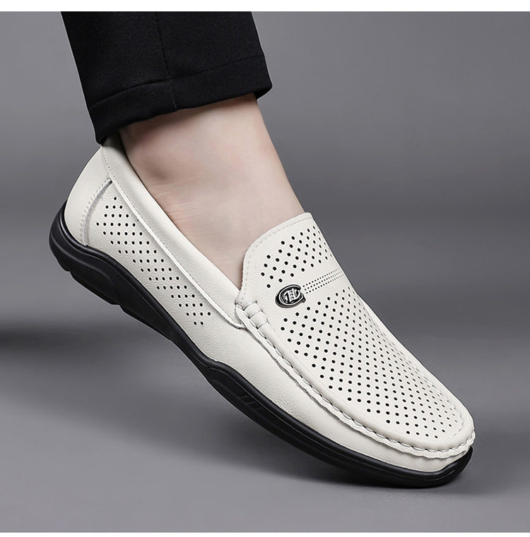 Giày lười nam da bò khoét lỗ mũi vuông đế bằng, kiểu giày lái xe thoải mái — Màu trắng, màu đen chi tiết 12