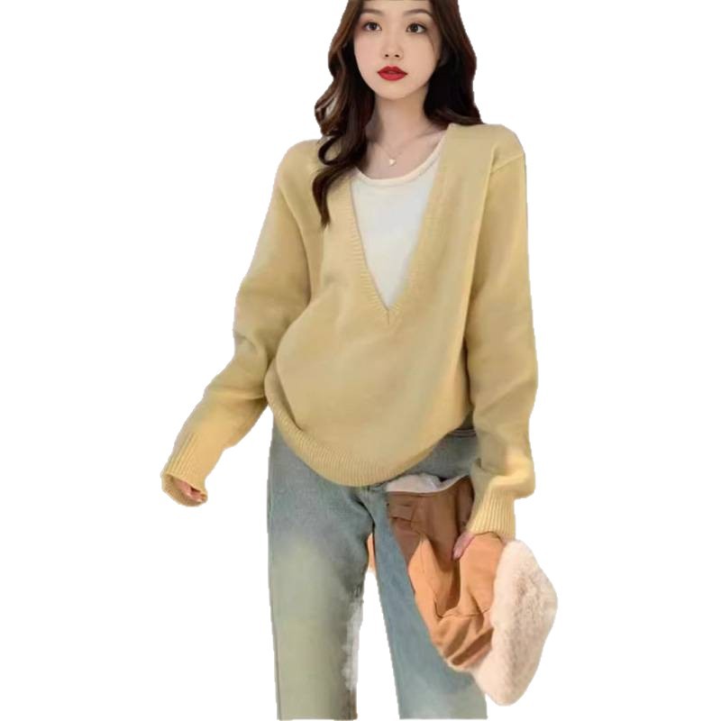 Coreana de color de cuello v falso dos piezas de jersey de punto para mujeres otoño y invierno nuevo diseño interior con suéter delgado para mujeres