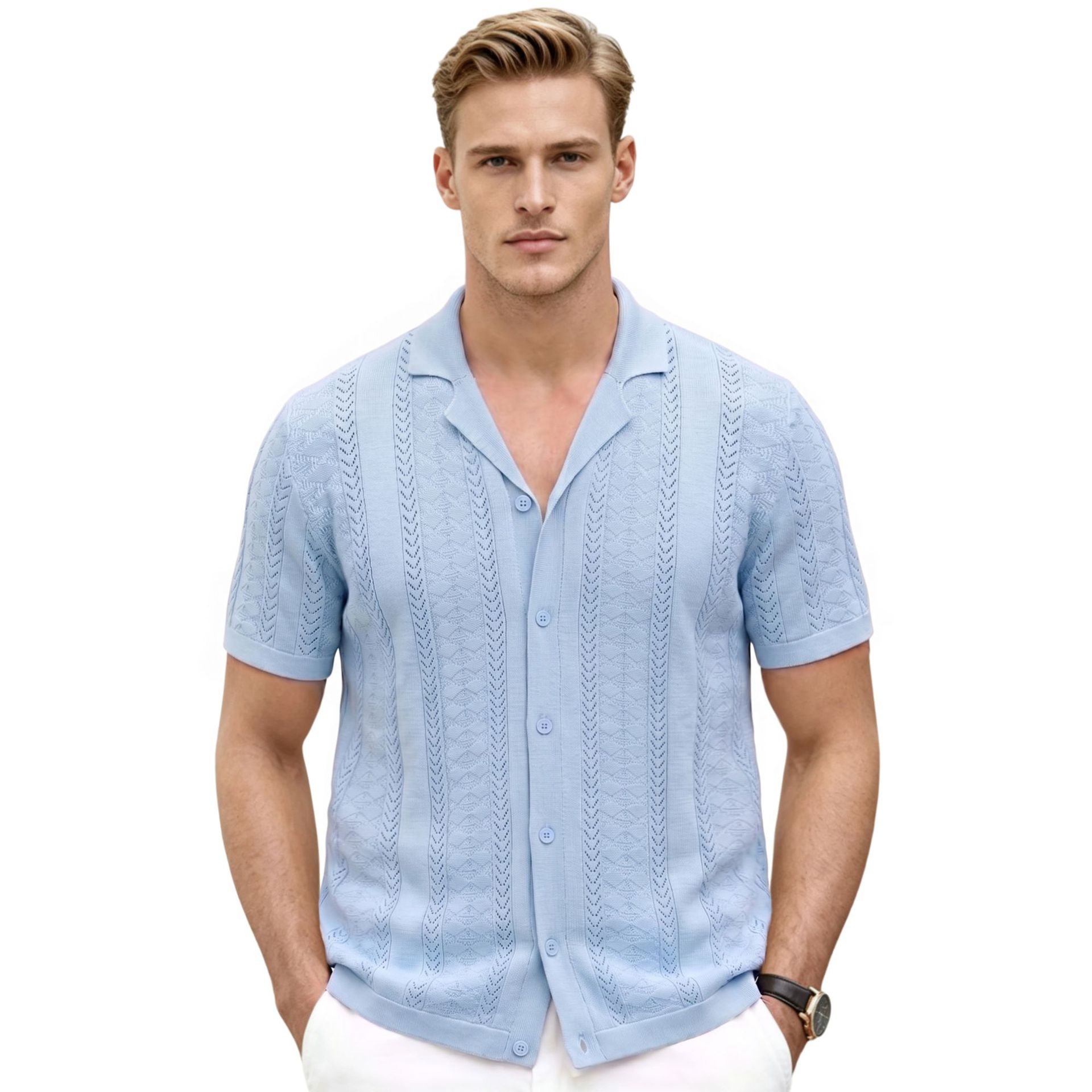 Verano cuello cubano agujero Jacquard camiseta de punto de color sólido transpirable cardigan casual polo camiseta de hombre transfronterizo SJ0194