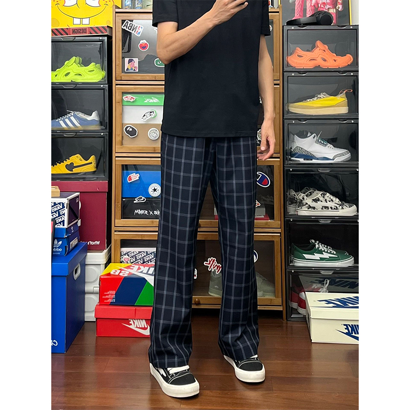 Why Has It Come to This? Heavyweight Blue Plaid Pants for Men, Versatile Autumn Quick-Dry Jogger Pants, Casual Flared Scimitar Pants