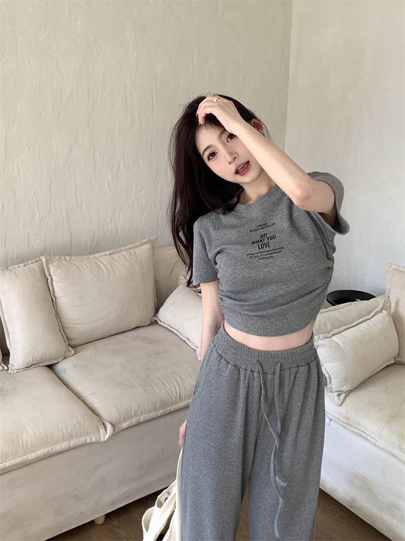 Women's Clothing Style Women's Two Piece Set Casual Gray Summer Top And Wide Leg Trousers Drawstring Tie Short Sleeved Outfit_ecoleips.com