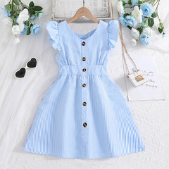 女孩裙子3-12歲童裝歐美新款女大童夏季服裝洋氣飛袖條紋連衣裙