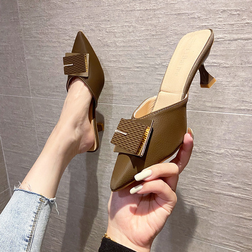 Back empty toe slippers 2024 new style pointed toe stiletto high heel half slippers for women to wear fashionable temperament sandals