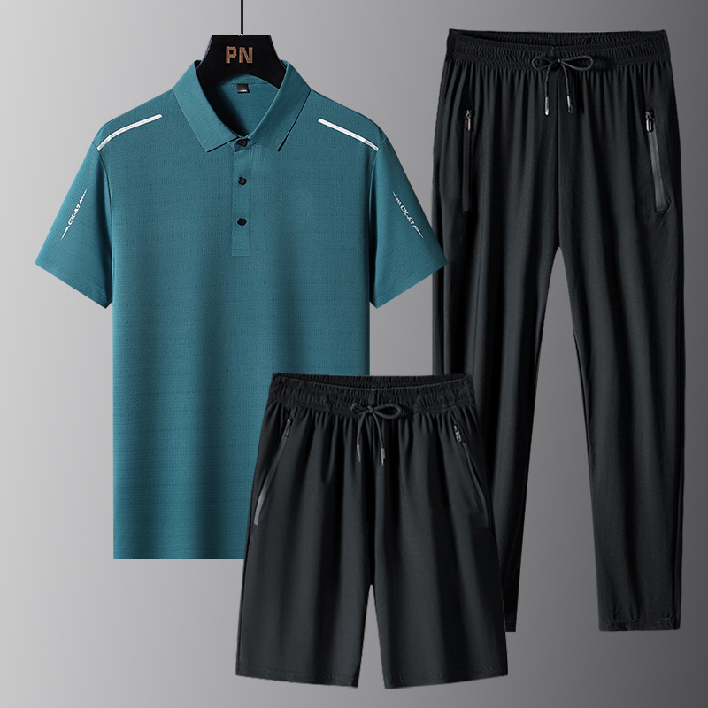 enfriamiento ventilación polo seda de hielo hombre manga corta camiseta de verano larga ropa casual de hombre tres piezas