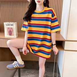 黄色条纹短袖t恤女夏季2025新款港味复古欧货大版洋气纯棉上衣ins