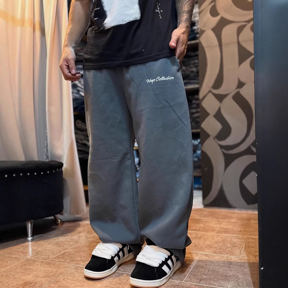 Pantalones Deportivos Grises de Estilo Americano para Hombre y Mujer, Holgados, de Pierna Recta, Anchos, de Cintura Alta, Casuales, con Estampado de Letras