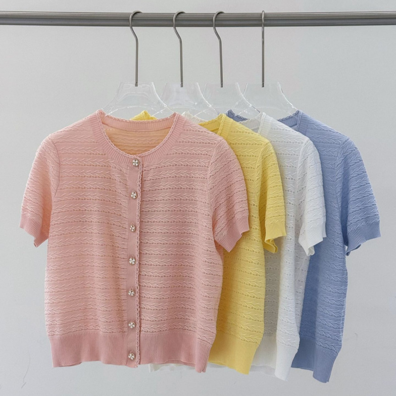 Round Neck Knitted Hollow-Out Short-Sleeved Top for Women, Summer Thin Wool Jacquard Cardigan, Lemon Yellow, in Stock, 24-Hour Delivery Round Neck Knitted Hollow-Out Short-Sleeved Top for Women, Summer Thin Wool Jacquard Cardigan, Lemon Yellow, in Stock, 24-Hour Delivery