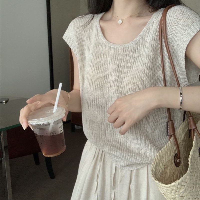 レトロ韓国アプリコット中空半袖Tシャツレディース夏ルーズデザインスリム新作万能トップスアウター|undefined