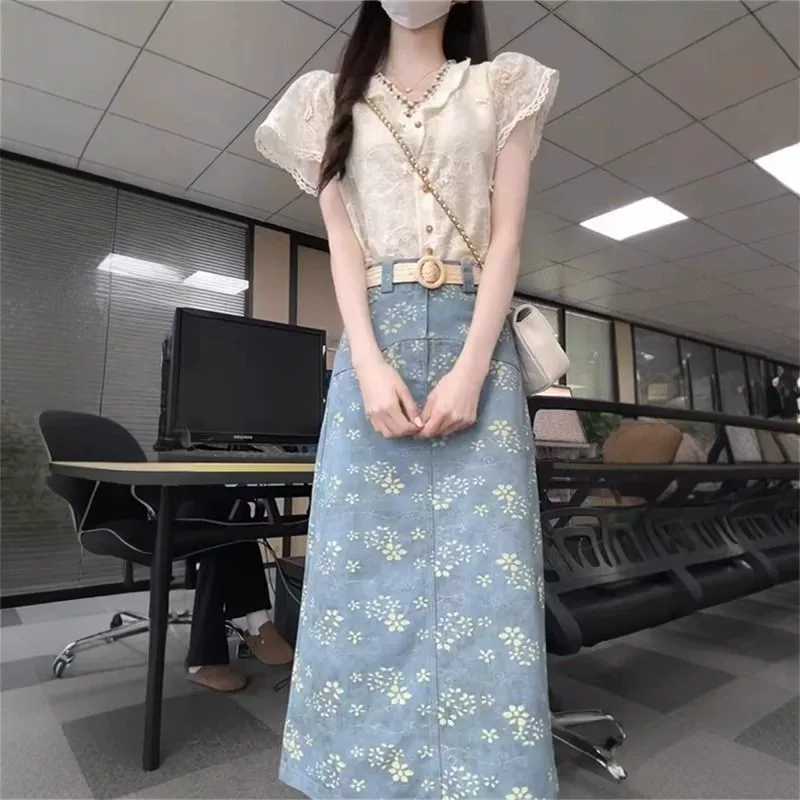 Новый китайский стиль, элегантный комплект из кружевной блузки с коротким рукавом и юбки с вышивкой, женский костюм для весны и лета