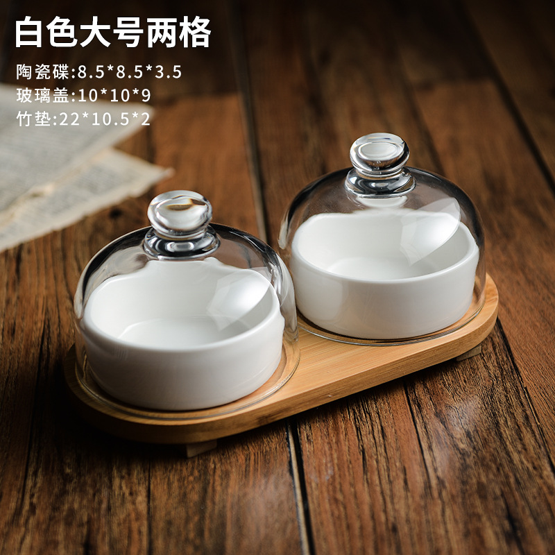 Plato de bocadillos de cerámica creativo con cubierta de vidrio, té de la tarde, postre, tazón de horneado, plato de refrigerio casero, plato de fruta seca