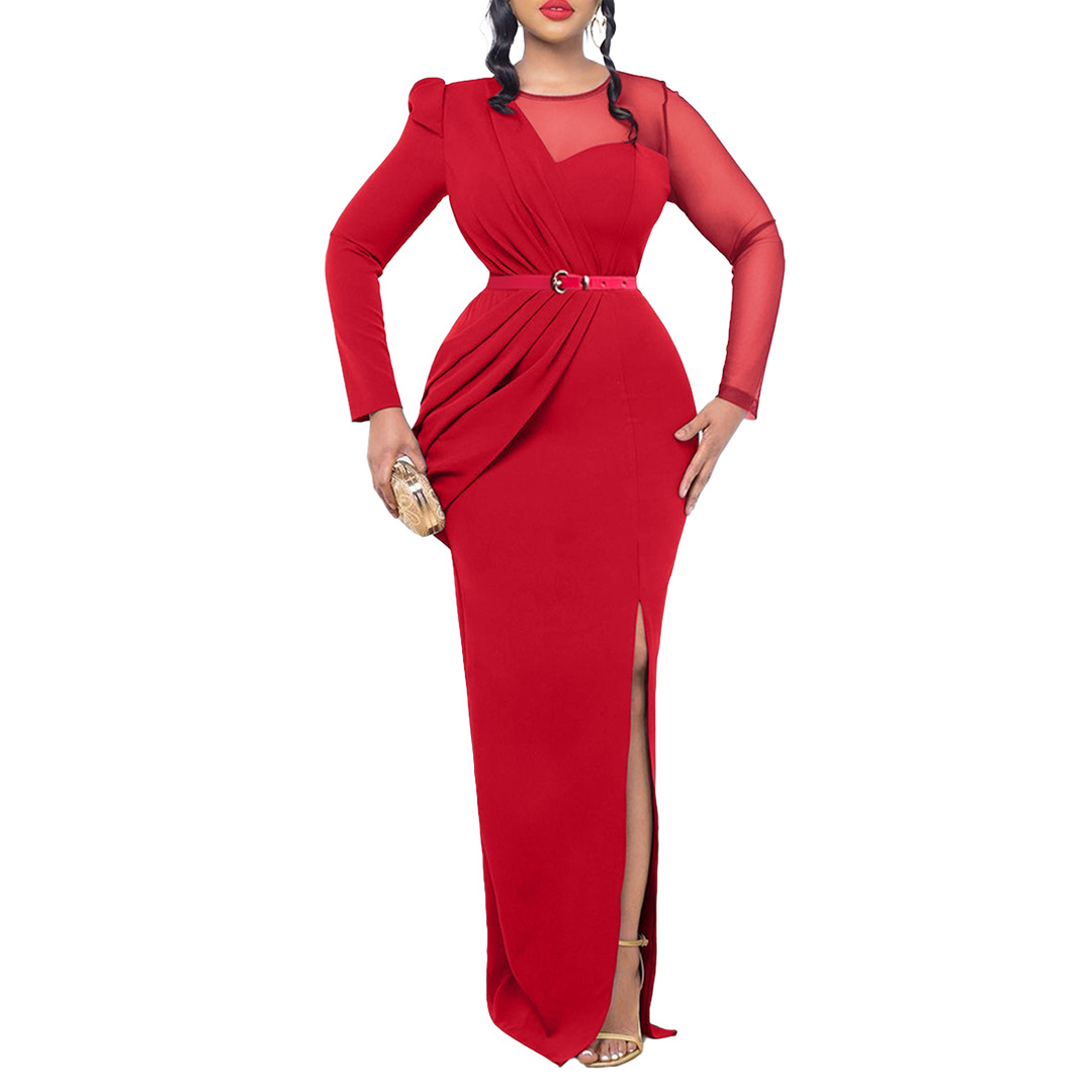 Damen Abendkleid Mit Langarm Und Mesh-einsatz Elegantes Festkleid_voghion.com