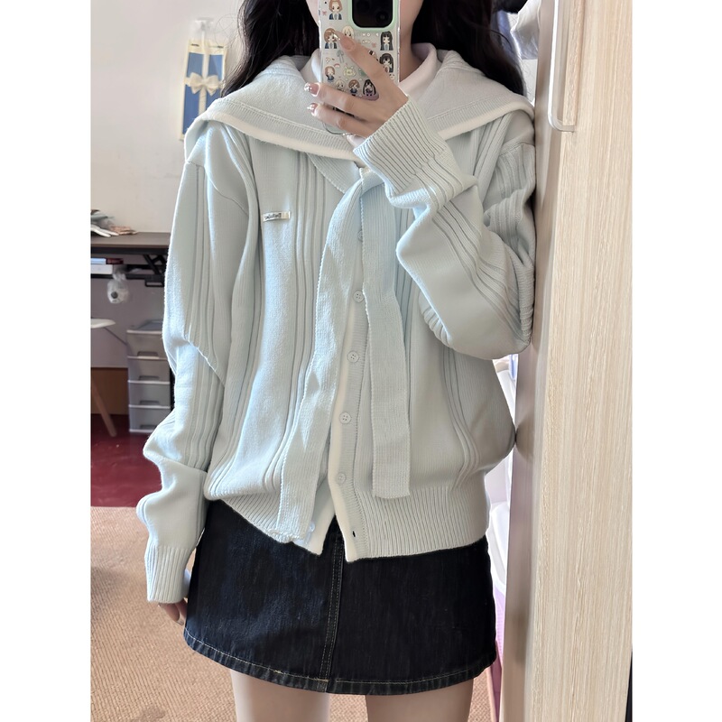 Real Price # Sheep Velvet # Autumn Wear Korean Blue Navy Collar Sweater Women's College Style Sweater Cardigan Top