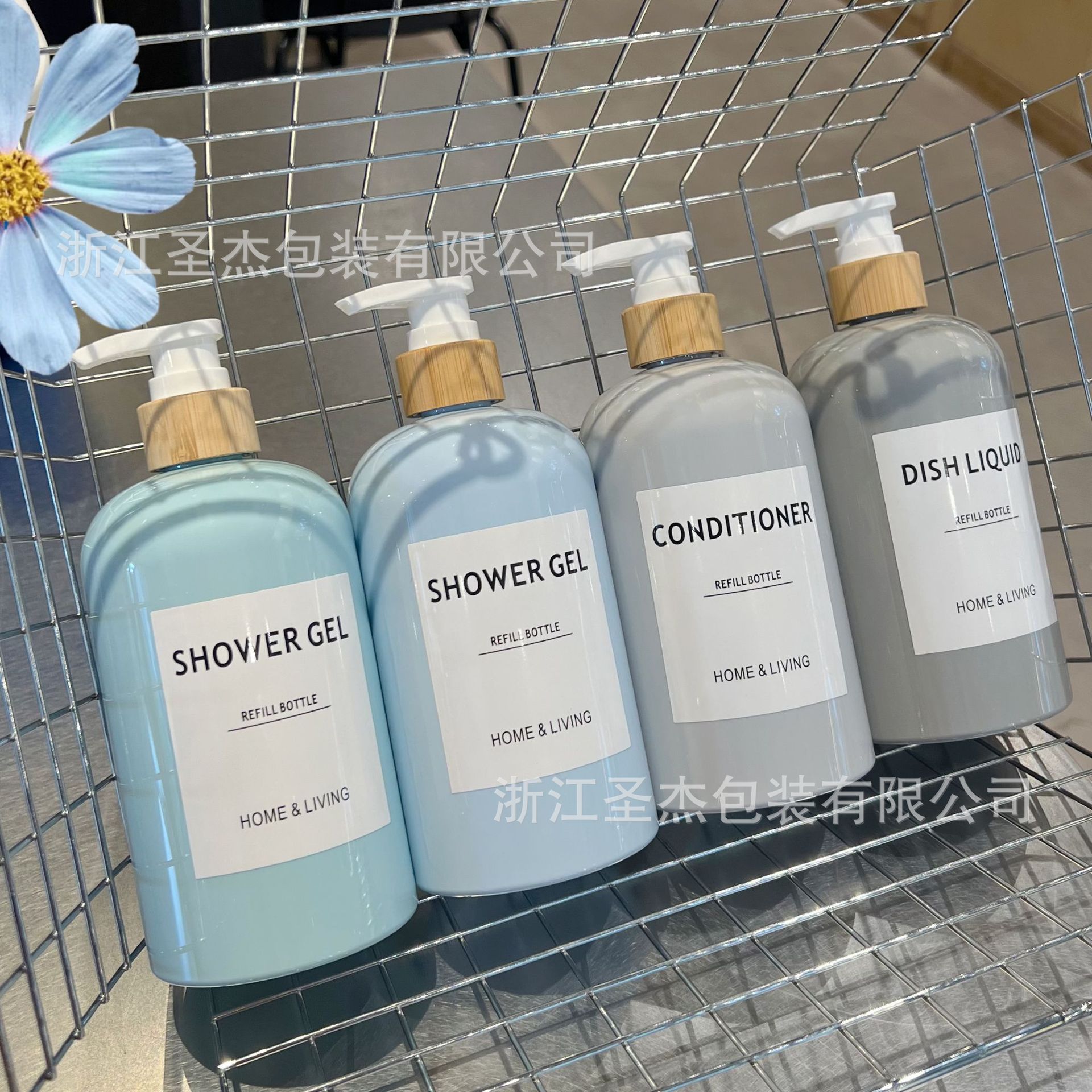 500ml botella de gel de baño de plástico de gran capacidad bomba de loción de anillo de bambú botella de desinfectante de manos de presión para el hogar