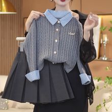 女童学院风套装2025新款中大童秋季假两件开衫线衣百褶裙jk两件套