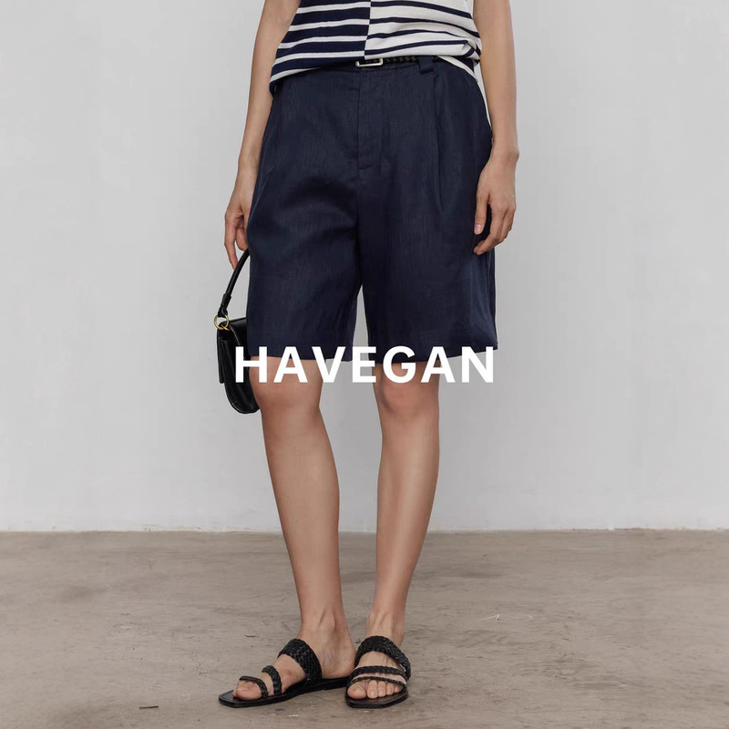 Havegan/Summer Lazy Linen Shorts Women 2025 New Navy Blue Casual Commuter Five-Point Shorts Pants