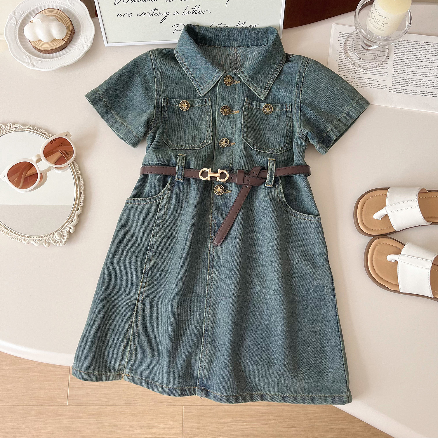 Girls' Denim Skirt 2024 Summer New Korean Version Children's Washed Soft Short-sleeved Denim dress Baby Casual Skirt