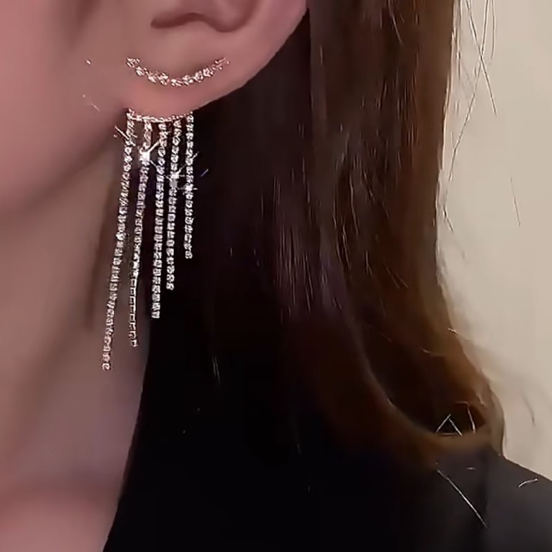 Silver Rhinestone Tassel Earrings Image 4