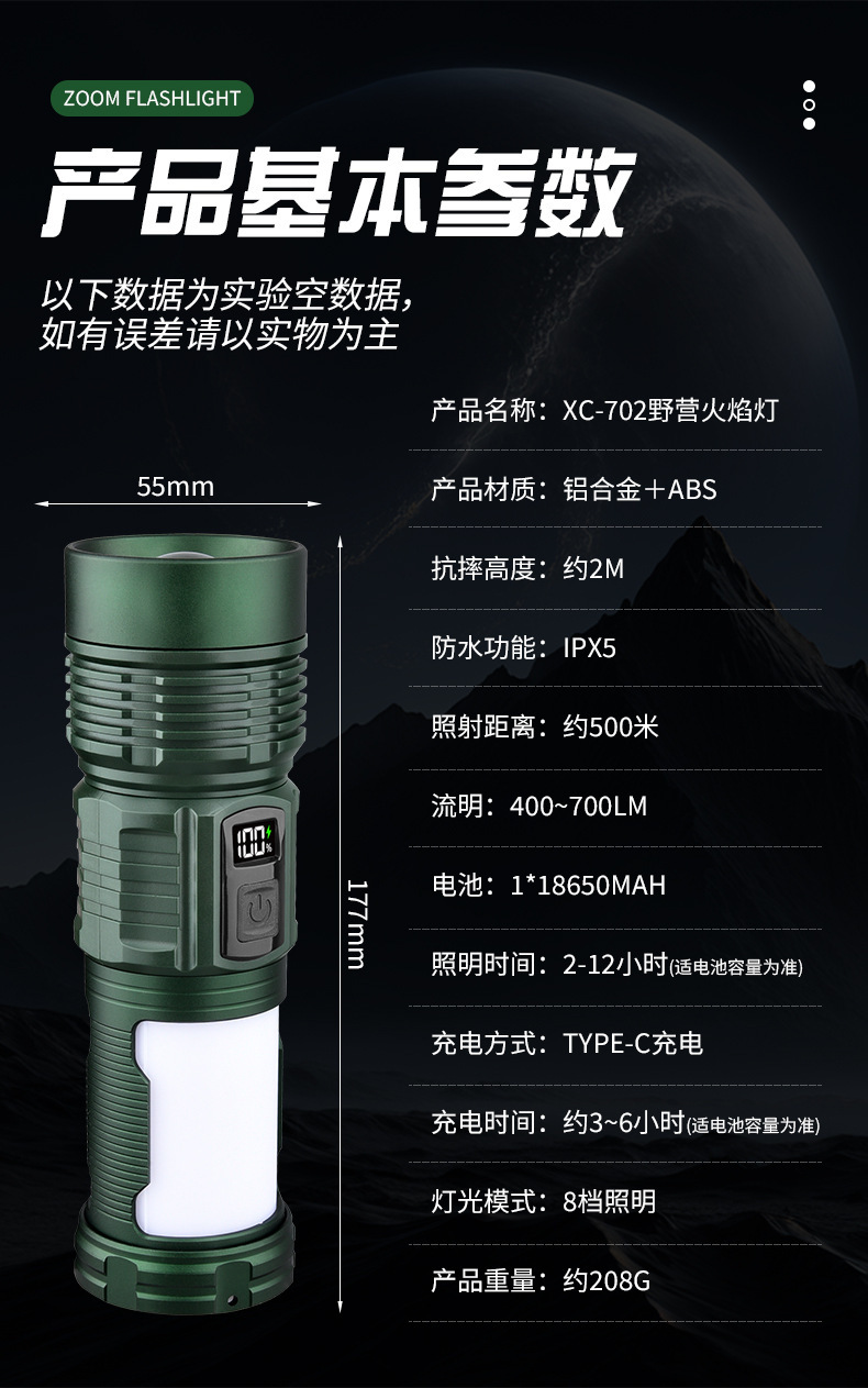 Cross-border multifunctional white laser portable high-intensity digital display zoomable rechargeable three-light source camping lantern flashlight