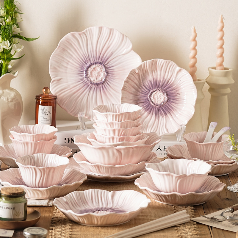 2025 New Household Ceramic Tableware Underglaze Color Purple Petal Bowl Creative Dishes High Color suit