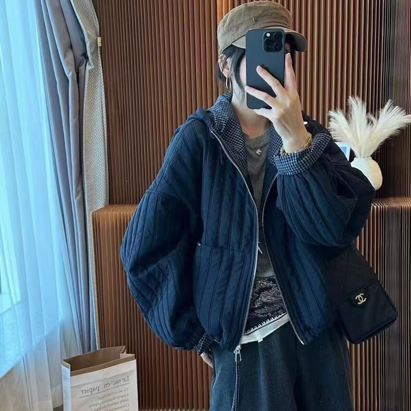 欧货撞色薄款连帽棉衣短外套女2025秋季新款宽松休闲棉服夹克上衣|undefined
