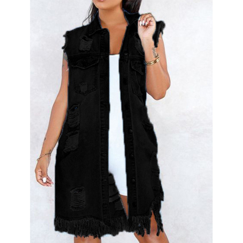 Overseas Warehouse Women's Denim Jackets Coats Sleeveless Denim Vest Jacket Raw Hem