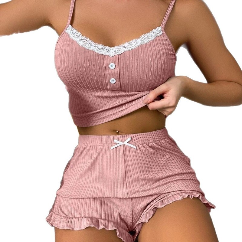 アマゾンの新しいヨーロッパとアメリカのセクシーなレースのサスペンダーパジャマセットショーツ女性のホーム服|undefined