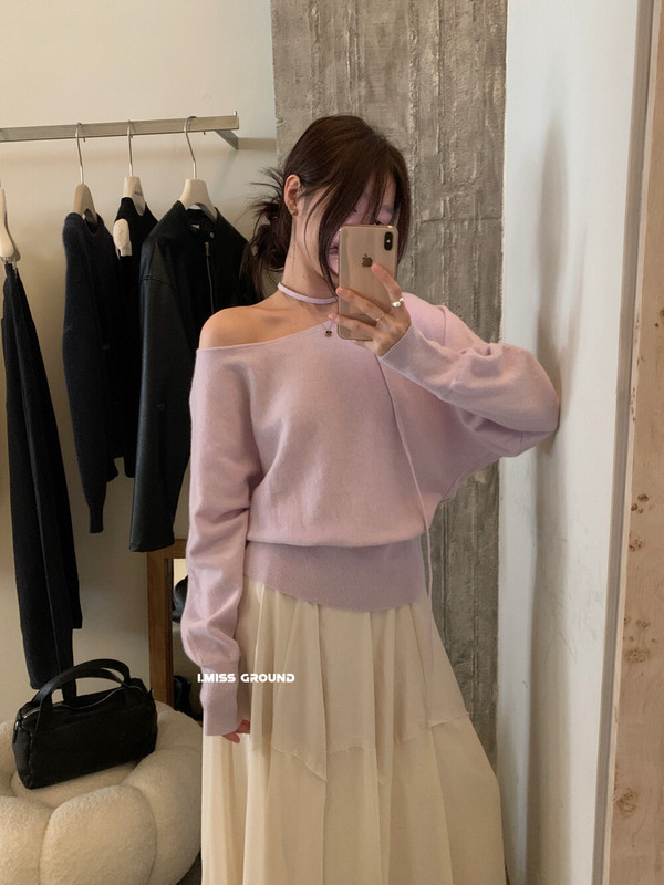 imiss  韩标！档口爆款修身高品质100%羊毛斜肩针织衫（配飘带）|undefined