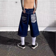 嘻哈口袋刺绣字母打印牛仔裤男短裤夏季复古超大阔腿牛仔裤膝长裤