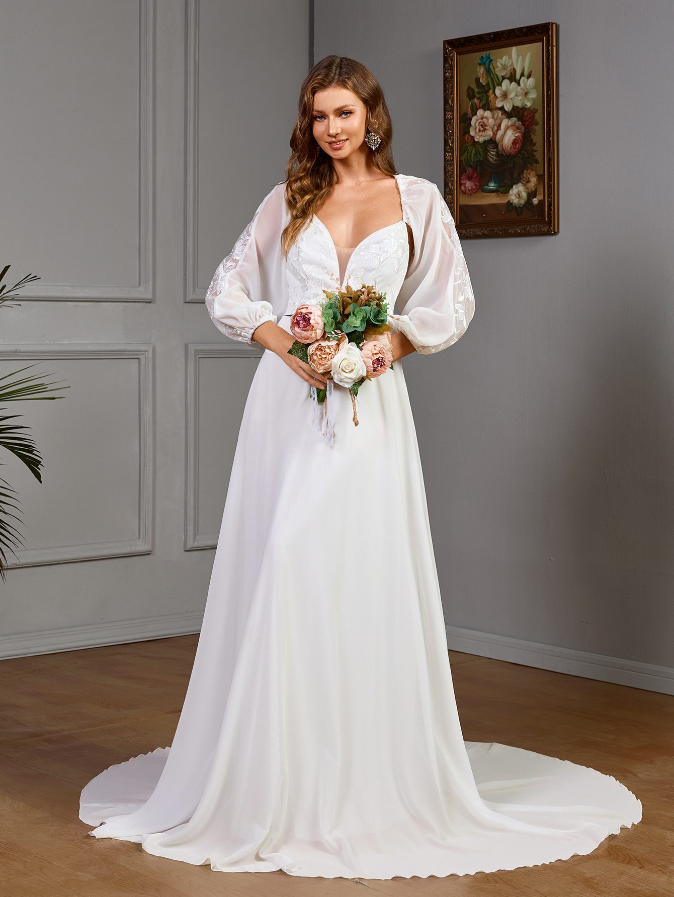Europa y Estados Unidos comercio exterior transfronterizo ropa de mujer Amazon manga larga sexy vestido de boda de cuello en V encaje empalme cola image 1